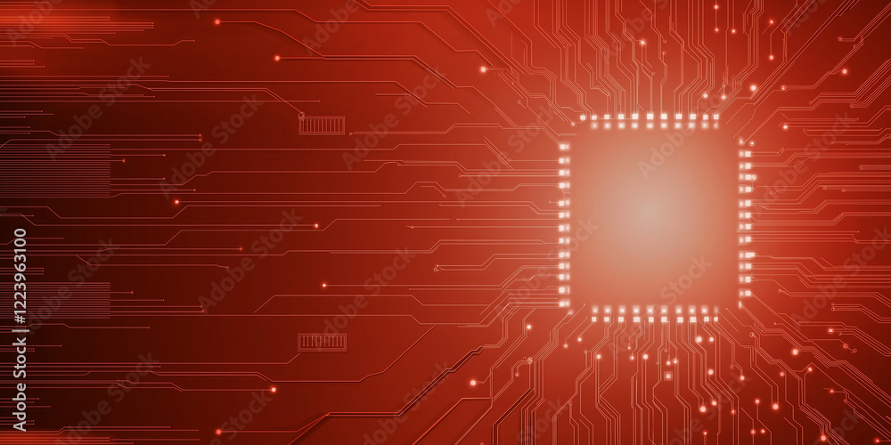Poster Red printed circuit board with glowing microchip communicating data