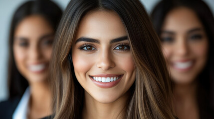 professional woman smiling confidently in business setting, with two colleagues in background. atmosphere is positive and collaborative