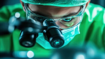 A focused medical professional examines samples through a microscope, dressed in green scrubs and protective gear.