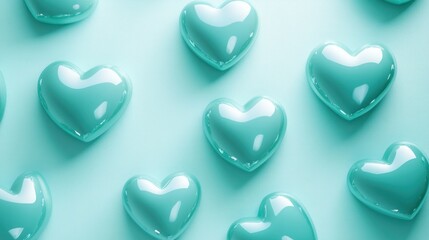 Teal glossy hearts scattered on a pastel blue background.