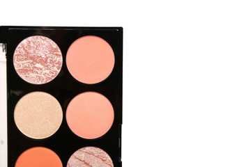 Palette of stylish eyeshadows on white background, closeup