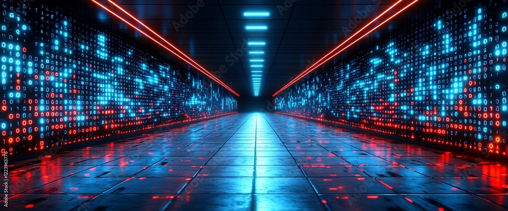 Poster futuristic neon tunnel with glowing data walls.