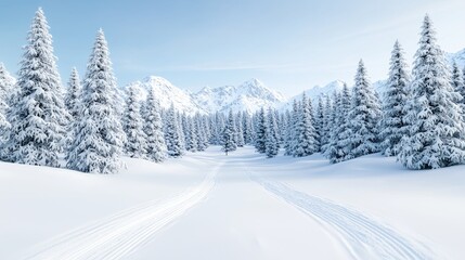 Snowy mountain forest path; winter landscape; serene background; ideal for travel brochures