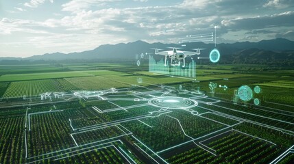 A futuristic drone surveys a vast, green landscape, utilizing technology for precision agriculture and enhancing farming efficiency.