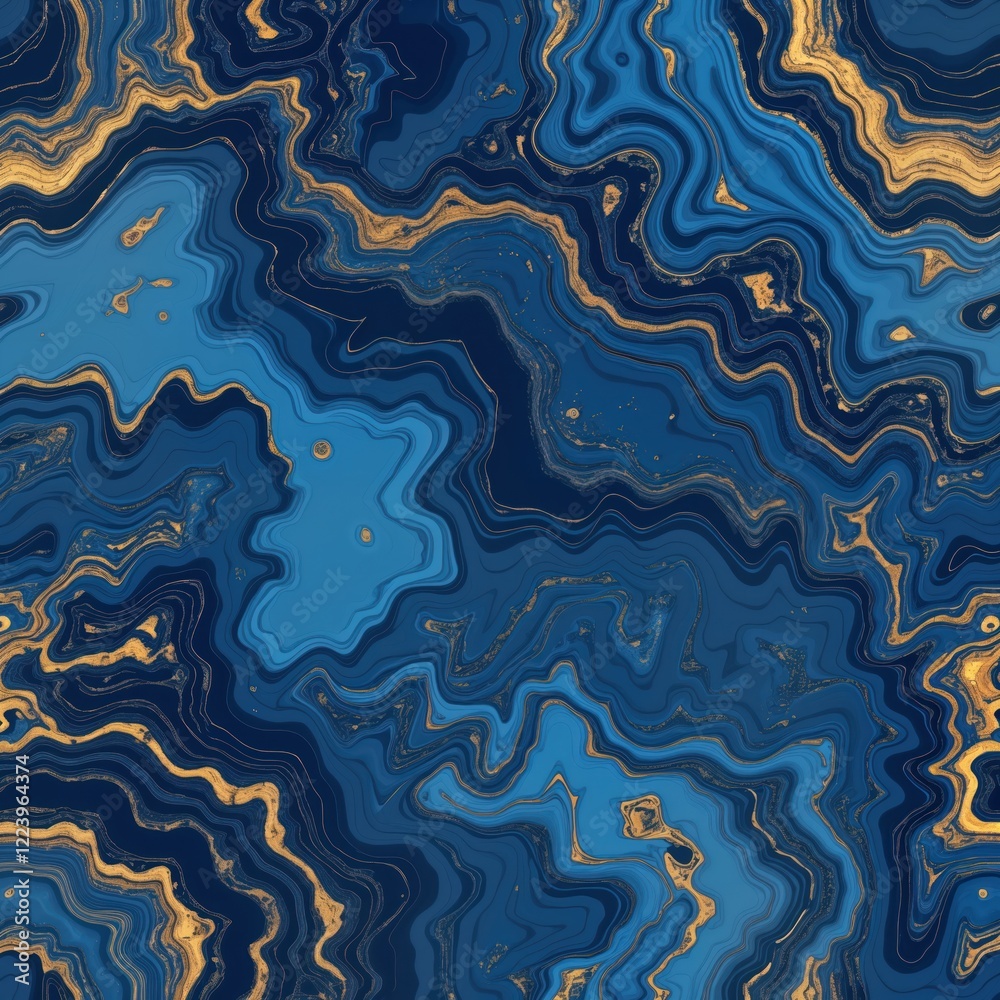 Poster Abstract design with blue marble texture, gold swirls. Intricate patterns create mesmerizing effect. Modern artwork evokes sense of deep blues, soft gold accents. Ideal for background wallpaper.