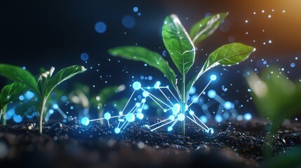A vibrant plant sprouts from soil, showcasing a futuristic connection of light and energy, symbolizing growth and innovation in nature.