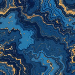 Abstract design with blue marble texture, gold swirls. Intricate patterns create mesmerizing effect. Modern artwork evokes sense of deep blues, soft gold accents. Ideal for background wallpaper.
