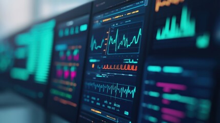 High-Tech Financial Data Visualization on Multiple Screens with Vibrant Graphs and Charts in a Modern Workspace