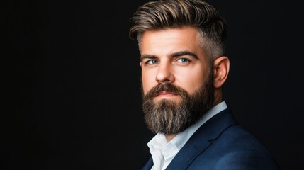 Confident Businessman with Stylish Beard Posing Against Dark Background in Professional Attire