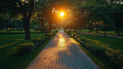 Obraz premium Sunlit Pathway Through A Lush Green Park