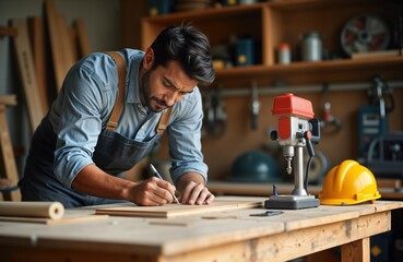 Asian carpenter works on wooden plank in carpentry shop. Uses pencil, tools. Pro carpenter marks wood with precision. Workplace well-organized with various woodworking equipment. Focused carpenter at