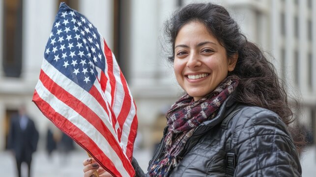 A happy immigrant woman in her 30s, holding a U.S. flag with both hands and smiling outside a building with the American flag behind her. - Powered by Adobe