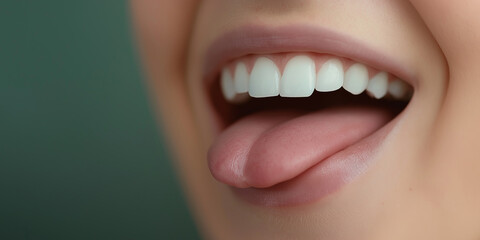 Obraz premium Woman showing perfect white teeth and sticking out tongue: close-up of oral health and dental hygiene