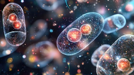 Naklejka premium This image depicts vibrant, stylized representations of cells, showcasing their intricate structure and movement against a cosmic background.