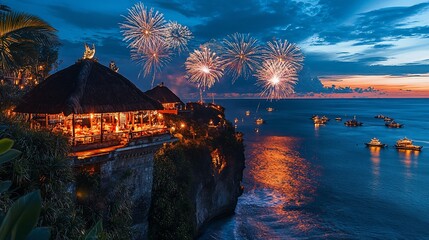 Spectacular Fireworks Display Over Coastal Restaurant in Bali at Night
