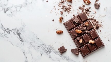 Tasty chocolate bar with pieces of fruit and nuts embedded, placed on a marble countertop with a few crumbs scattered