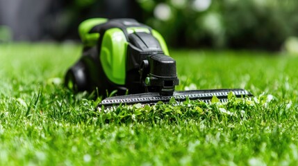 Robotic lawnmower cutting grass in a garden