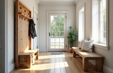 White farmhouse hallway vintage coat rack with wooden bench. Sunlight streams through large glass front door revealing garden view. Empty space suggests modern country style interior. Minimalist