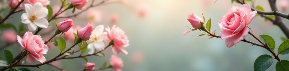 Fototapeta premium Soft pink roses and white lilies suspended in the air amidst branches, roses, , nature