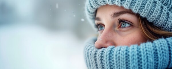 Young woman outdoors in winter. Wears warm knitted hat, scarf. Winter weather protection for delicate skin. Winter skin care solutions for frostbite protection, moisture. Protecting from harsh