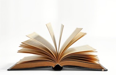 Open book with pages flying on transparent background. Book old-looking with gold-brown pages. Open book isolated against white. Concept of knowledge, education, information, learning. Image suggests