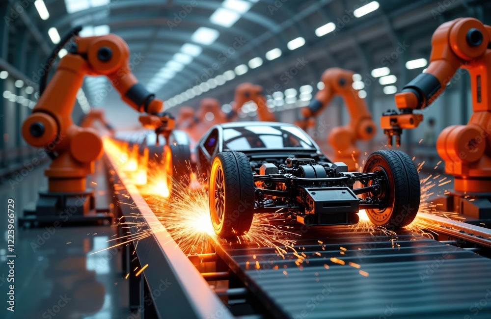 Poster Futuristic electric vehicle assembly line in state-of-the-art plant. Automated robots work on chassis. Sparks fly. Modern manufacturing process with high tech. Clean energy vehicles. Efficient
