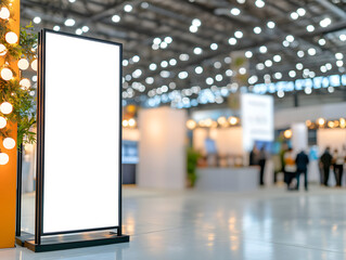 Large blank banners on spacious exhibition booth with blurred background