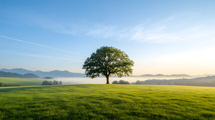 Fototapeta premium serene landscape featuring solitary tree grassy hill, surrounded by misty mountains and clear blue sky. soft morning light creates peaceful