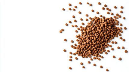 Top-down view of dry dog food pellets in a small, natural pile on a white background with soft shadows