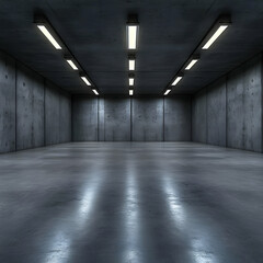 Empty concrete room, lights reflect, industrial background, perfect for product display