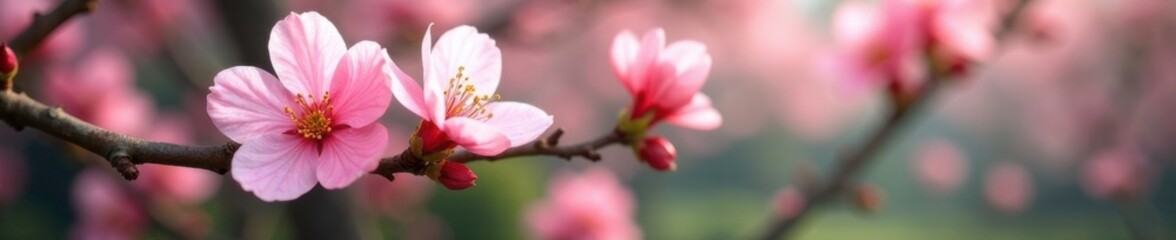 Obraz premium Soft pink sakura petals scattered on a tree branch, branches, greenery