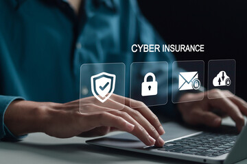Cyber insurance concept. Insurance that protects your organization from cyber threats. Businessman...