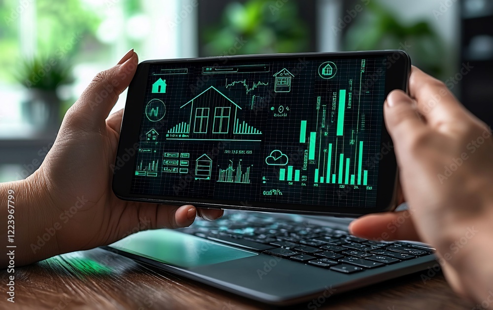 Poster Hands holding tablet displaying smart home data and graphs.