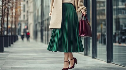 Fashionable young woman in green pleated midi skirt, beige wool coat, and high heels holding burgundy handbag on city street