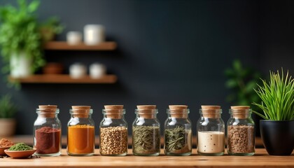 Stylish kitchen display various spices, herbs in glass jars. Natural ingredients displayed neatly on wooden surface against minimalist black backdrop. Modern kitchen decor creates aesthetic space for