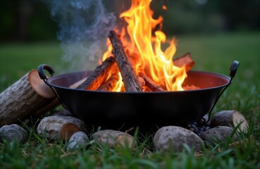 Campfire outdoors in a metal fire bowl. Wood burns brightly with orange flames. Rocks surround the bowl. Smoke rises. A comforting scene for gathering. Warmth and comfort are visible.