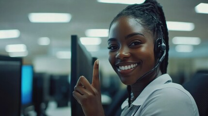 Friendly Customer Service Specialist Beaming with Confidence While Displaying a Thumbs Up Sign to the Camera in a Modern Office Setting