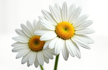 Two beautiful white daisies bloom against transparent background. Closeup view shows delicate petals, bright yellow center. Spring floral beauty. Perfect for nature lovers. Floral design. Springtime.