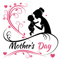 Happy Mother's Day greeting card vector illustration, heart symbols, cursive typography, isolated on a transparent background