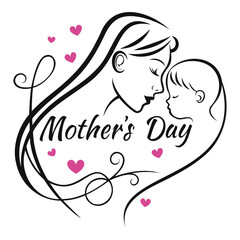 Happy Mother's Day greeting card vector illustration, heart symbols, cursive typography, isolated on a transparent background