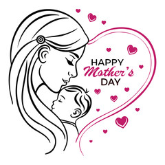Mother and child abstract illustration, minimalist line art, black and pink color scheme, Mother's Day greeting card Design