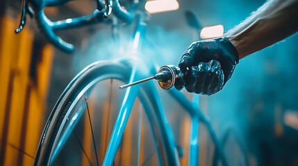 Fototapeta premium Cyclist in blue suit standing near his bicycle at night.