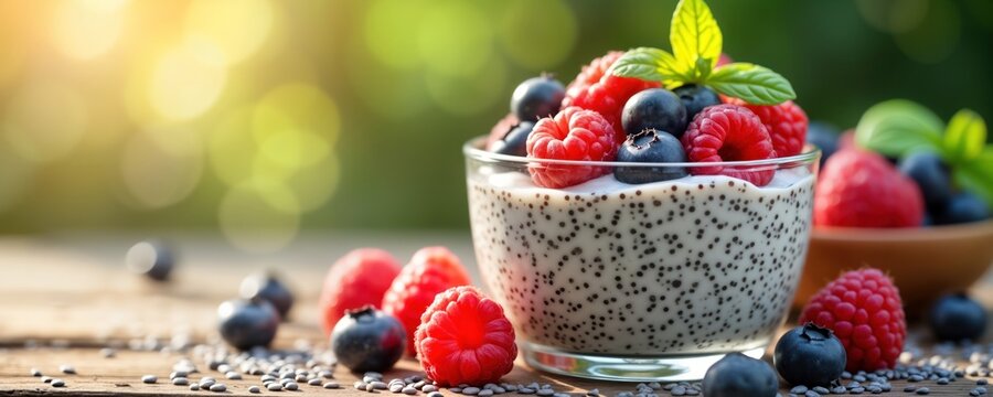 Fresh chia seed pudding with almond milk, fresh berries. Healthy breakfast snack on wooden table under natural sunlight. Delicious homemade vegetarian, organic food. Healthy meal for balanced diet. - Powered by Adobe