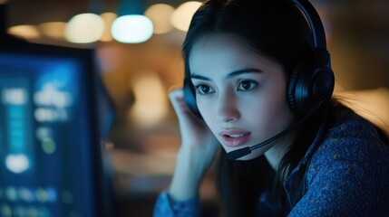 Professional employee adjusting the microphone on their headset in a bright call center environment, focused on their work with computer screen in front