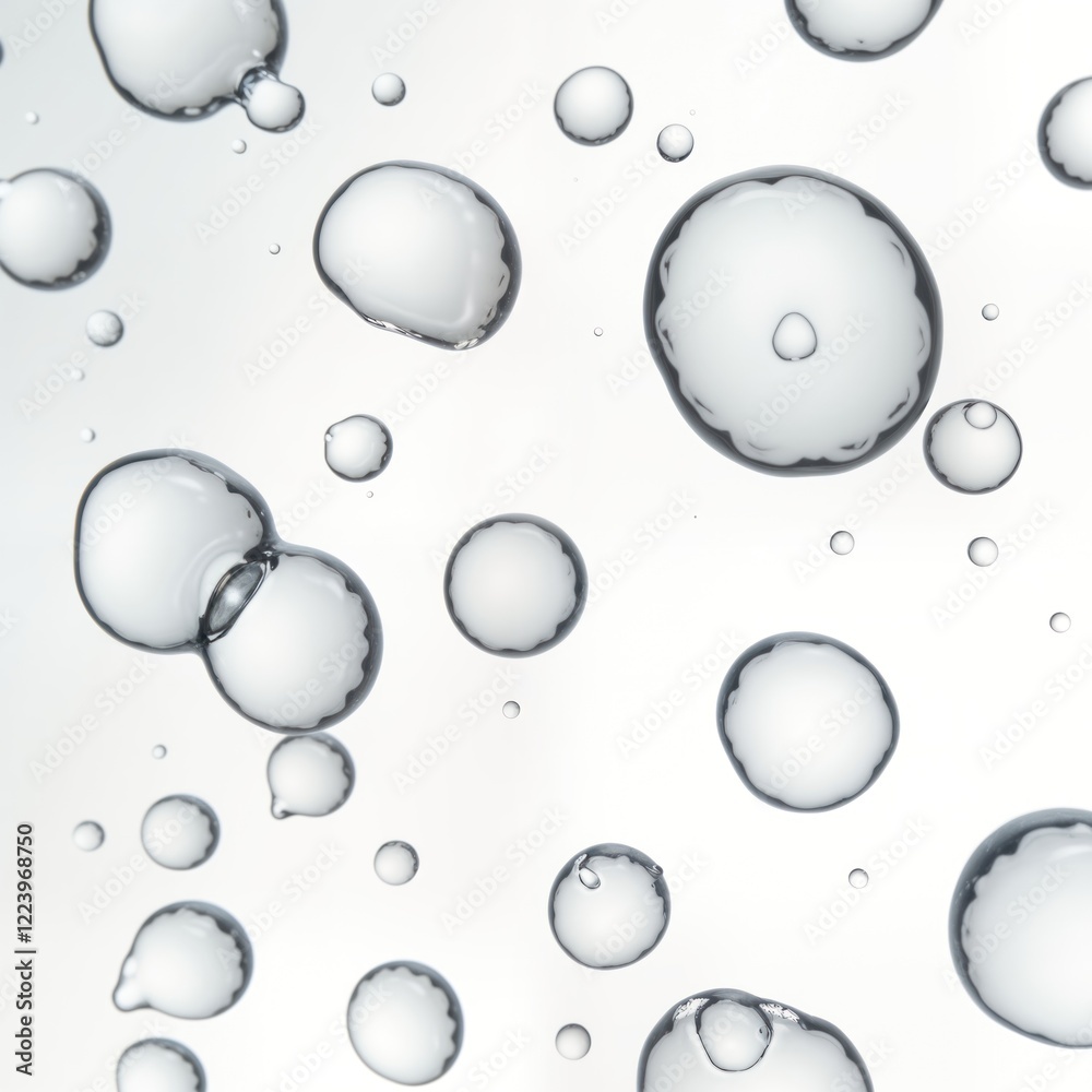 Poster clear serum oil drops float in water against transparent background. bubbles appear in different siz