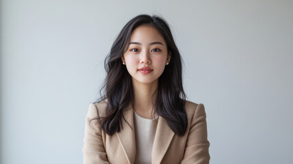Fototapeta premium young woman in her 20s, dressed in business casual attire, poses confidently against neutral background, exuding professionalism and poise
