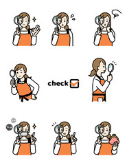Illustration set of housewife holding magnifying glass.
