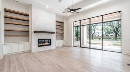 Fototapeta premium Modern living room with fireplace, large windows, backyard view; ideal for real estate listings