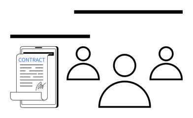 Mobile device displaying a signed contract alongside three outline figures symbolizing teamwork, collaboration, and agreements. Ideal for business, law, HR, teamwork, technology, negotiations