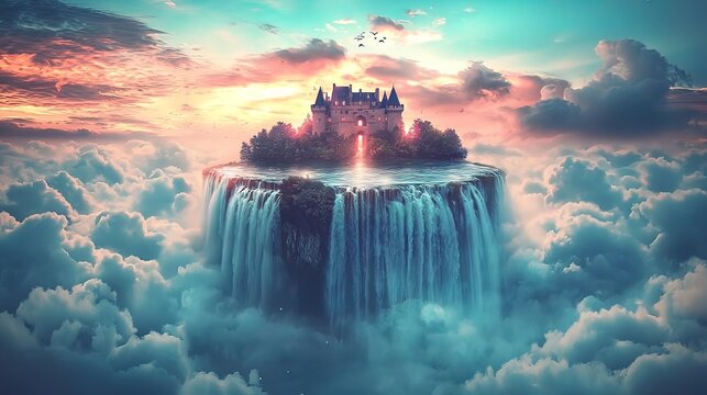 Fairytale castle on a floating island with waterfalls, surrounded by clouds at sunset.